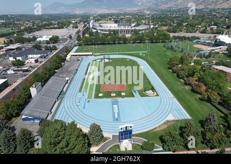 An aerial view of Clarence F. Robison Track on the campus of Brigham Young University, Saturday, Sept. 4, 2021, in Provo, Utah. The stadium is the hom Stock Photo