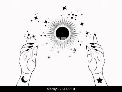 Mystical Woman Hands alchemy esoteric magic sun symbol, Sacred Geometry. Boho style Logo in black outline tattoo icon. Spiritual occultism wicca sign Stock Vector