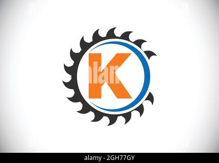 Initial K monogram alphabet with the saw blade. Carpentry, woodworking logo design. Font emblem. Modern vector logo for sawmill business and company Stock Vector