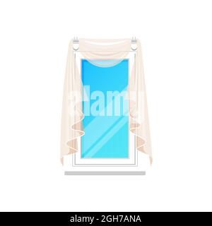 Curtains of window, house interior and home glass frame, vector room drapes. White window drapery, transparent tulle blinds of white pleated cloth, is Stock Vector