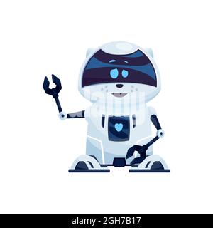 Realistic robot with friendly face and pincers on arms isolated plastic hi-tech character. Vector android robot mechanical sci fi futuristic kids toy. Stock Vector