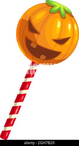 Gummy pumpkin on stick isolated Halloween chewy gum. Vector caramel lollipop, sweet jelly round candy in shape of pumpkin with green leaves. Trick or Stock Vector