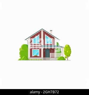 Modern country house with glass panoramic windows and porch isolated realistic icon. Vector stylish building, home on rent or sale, mansion in chalet Stock Vector