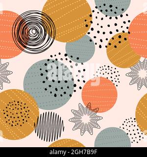 vector seamless background pattern with abstract geometric elements, circles, dots and thin line shapes. Stock Vector