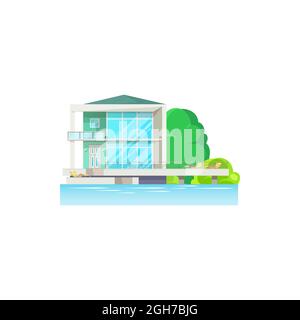 Modern house on water isolated icon. Vector beach house building, villa or cottage. Real estate seashore and bungalow. Home on seaside of tropical isl Stock Vector