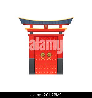 Chinese gate architecture, entrance with roof in oriental style round handles of lion hand. Vector Chinatown red door. Japanese or Korean temple entra Stock Vector