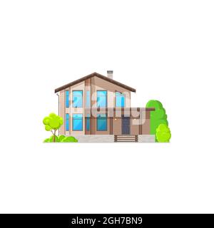 Modern house, contemporary building country style architecture isolated flat cartoon icon. Vector facade exterior of chalet building private house, vi Stock Vector