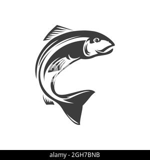 Salmon ray-finned underwater animal freshwater fish isolated monochrome icon. Vector seafood, marine food diet fish. Fishery mascot, trout fish grayli Stock Vector