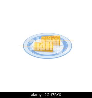 Grilled, baked, cooked corn or corncobs on stick isolated traditional mexican cuisine food on plate. Vector traditional spanish or cuban dish, salted Stock Vector