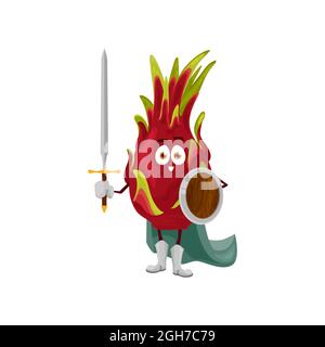Pitaya fruit superhero cartoon character, vector tropical dragonfruit in super hero costume. Dragon fruit pitahaya as knight warrior or guardian soldi Stock Vector
