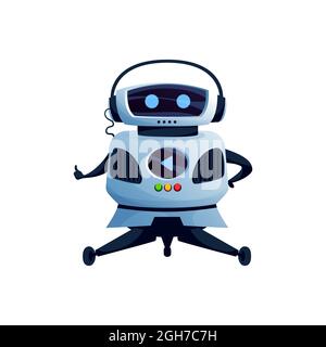Humanoid robot in headphones, with display buttons on body showing cool or ok gesture sign isolated cute android. Vector futuristic cyborg on wheels, Stock Vector