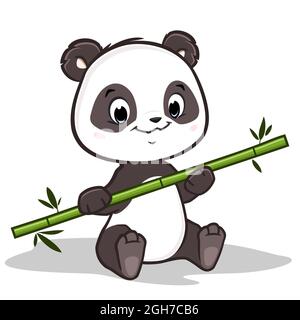 Vector illustration of cute cartoon baby panda holding bamboo branch. Isolated object for design element Stock Photo