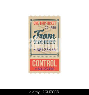 Tram ticket on one trip isolated template. Vector city transport services pass with validation of use, numbered card with control cutting line. Passen Stock Vector
