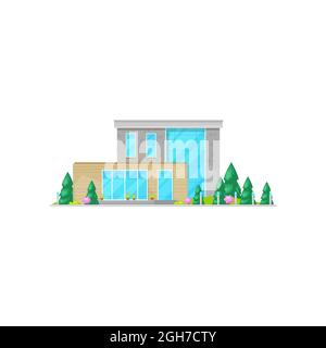 Modern house with windows, wooden chalet or villa flat cartoon icon. Vector facade of modern home, fir trees, potted plants. Contemporary chalet count Stock Vector
