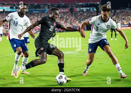 Nashville, USA. 05th Sep, 2021. Canada defender Richie Laryea (22) tries to clear the ball during the FIFA World Cup Qualifier International Soccer match between Canada and the United States at Nissan Stadium on September 5, 2021 in Nashville, TN. Jacob Kupferman/CSM Credit: Cal Sport Media/Alamy Live News Stock Photo