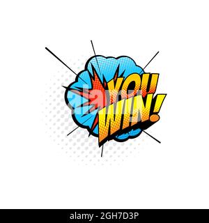 You win successful greetings pop art comic halftone label with burst explosion isolated retro icon. Vector promo exclamation, success win in game, pok Stock Vector