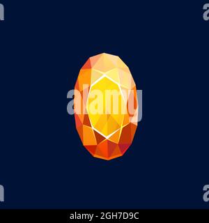 gem stone, magic crystal vector icon, oval faceted rock, of yellow and orange color, mineral crystalline gemstone amber, citrine and tourmaline, golde Stock Vector
