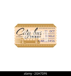 City bus single ticket isolated template. Vector tourist ticket on public transport, carton coupon with mention of time, departure date, control numbe Stock Vector