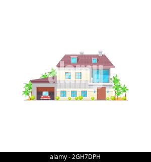 Modern house, contemporary building country style street architecture isolated flat cartoon icon. Vector facade exterior of chalet building private ho Stock Vector