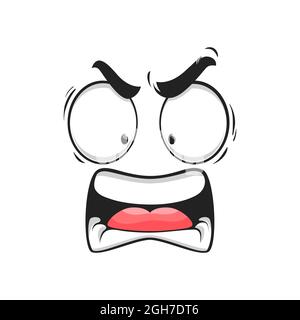 Cartoon angry face vector yelling emoji with mad eyes and yell mouth. Furious facial expression, aggressive feelings, comic face with furrowed brows i Stock Vector