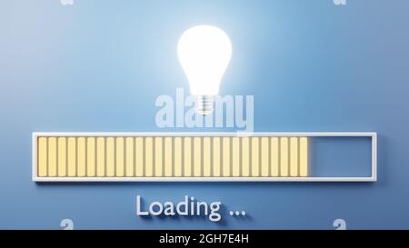 Loading bar progressing with bulb almost complete, Idea loading concept, lightbulb big idea innovation on blue background, 3D rendering illustration Stock Photo