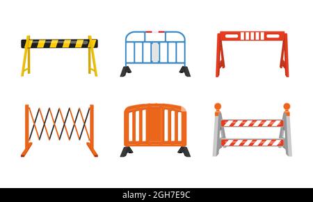 Different road barriers set. Metal and plastic traffic barricades isolated on white background. Work zone safety on highway construction. Vector cartoon illustration. Stock Vector