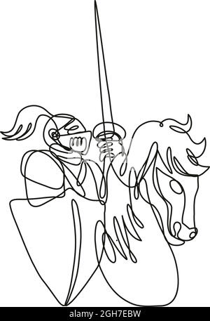 Continuous line drawing illustration of a knight with lance and shield riding stead done in mono line or doodle style in black and white on isolated b Stock Vector