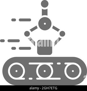 Conveyor belt, mechanical arm, robotic packaging grey icon. Stock Vector