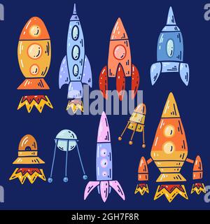Set of cartoon contour space ships and ufo. Outline technological ships. Vector childish object of space shuttle and satellites on dark background. Stock Vector