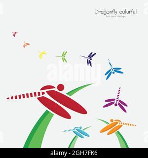 Vector of colorful dragonflie on green grass and dragonflie flying on a white background. Insect. Animal Design. Stock Vector