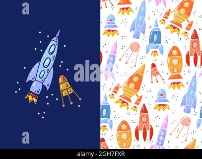 Set of card and pattern with cartoon contour space ships and ufo. Outline technological ships. Vector childish postcard and texture of space shuttle a Stock Vector