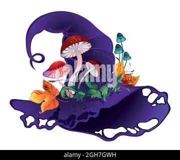 Artistically drawn, purple, velvet witch hat decorated with red mushrooms and yellow autumn leaves on white background. Stock Vector