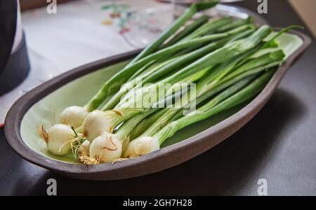 Green onions in plate ready for cooking in the kitchen Stock Photo