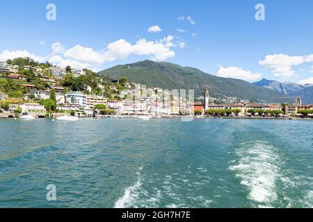 Switzerland, Ascona, 1 Sept 20. View on the waterfront from a passenger boat on the lago Maggiore Stock Photo