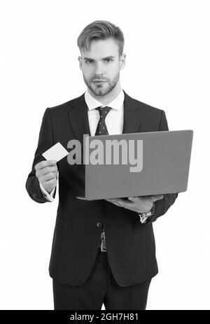 Businessman in formal style hold laptop computer and identity card for copy space, identification Stock Photo