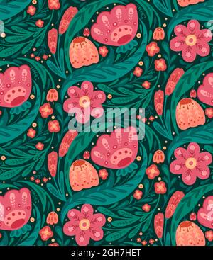 Seamless floral pattern with folk decoration on a green background. Texture with flowers and foliage with a naive ornaments. Vector natural wallpaper Stock Vector