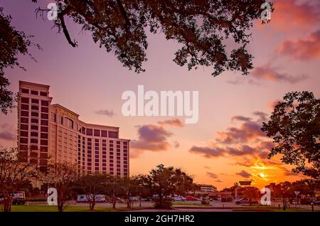 Beau Rivage Casino is pictured at sunset, Sept. 5, 2021, in Biloxi, Mississippi. Beau Rivage is owned and operated by MGM Resorts International. Stock Photo