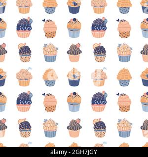 Blue cupcake. Seamless pattern with muffins. Cute childisn print in light pastel colors. Vector illustration with sweet dessert Stock Vector