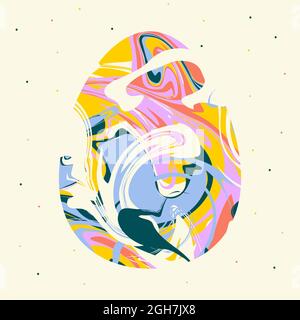 Marble texture Egg card. Liquid texture Happy Easter symbol. Painted pastel color ornamented egg on polka dot background poster. Water surface, waves, Stock Vector