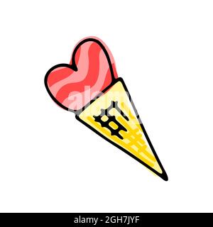 Doodle striped pink ice cream in waffle cone in the shape of a heart isolated on white background. Hand-drawn outline sweet cold dessert for party, bi Stock Vector