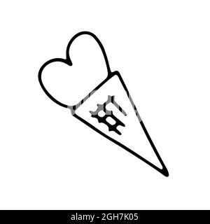 Doodle ice cream in waffle cone in the shape of a heart isolated on white background. Hand-drawn outline sweet cold dessert for kids party, Easter, bi Stock Vector