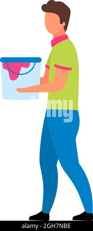Young man with paint bucket semi flat color vector character Stock Vector