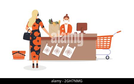 Grocery store during epidemic of virus.Cashier in protective medical mask is behind cash register serve customer with paper bag of groceries,wine Stock Vector