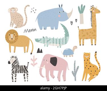 Cute african animals and plants in scandinavian style Vector hand-drawn colored children's simple set Elephant, leopard, turtle, zebra, monkey Stock Vector
