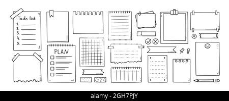 Hand drawn memo paper sheets, sticky note, reminder, to do list, sticky tape and pins. Bullet journal elements in doodle style. Vector illustration in Stock Vector