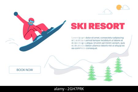 Landing webpage template of Mountain Ski Resort. Snowboarder is jumping on winter Mountain Landscape background. Flat Art Vector Illustration Stock Vector