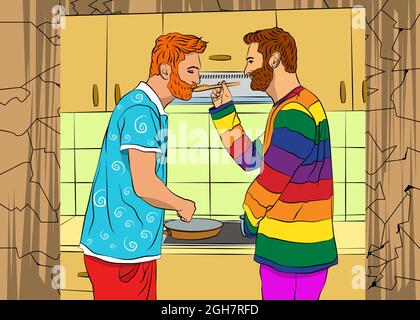 Two young handsome gay couple cook at home in the kitchen. Cooking breakfast. Home activism, cooking, recipes, staying at home in a good mood. Vector Stock Vector