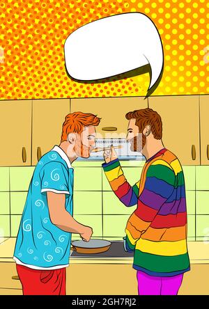 Two young handsome gay couple cook at home in the kitchen. Cooking breakfast. Home activism, cooking, recipes, staying at home in a good mood. Vector Stock Vector