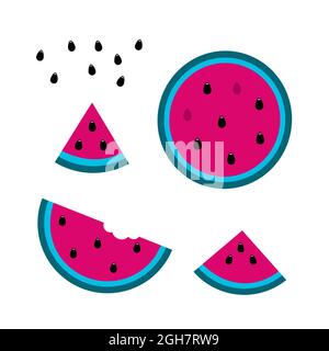 Set of watermelon icons in modern colors. Half, round piece, and triangular slice. Stock Vector