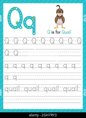 Trace letter Q uppercase and lowercase. Alphabet tracing practice preschool worksheet for kids learning English with cute cartoon animal. Activity pag Stock Vector